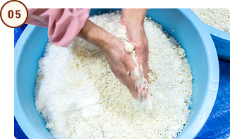 米こうじに塩を加えて手でほぐす